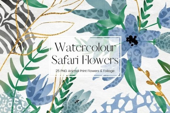 Animal Print Blue Watercolour Flowers Illustrations