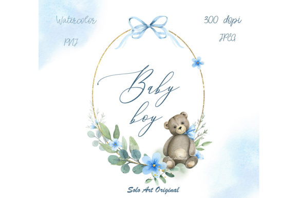 Baby Boy Shower Gold Frame Little Bear Illustrations