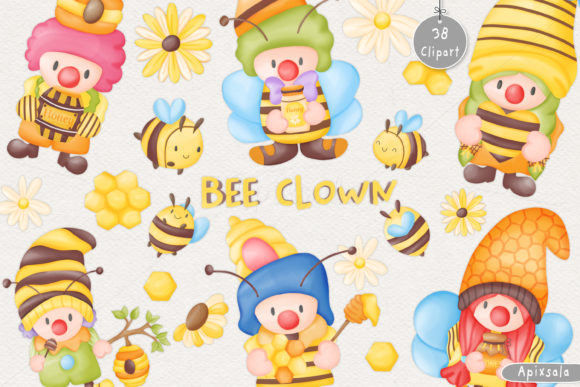 Bee Clown Watercolor Clipart DIY Bundle and Illustrations