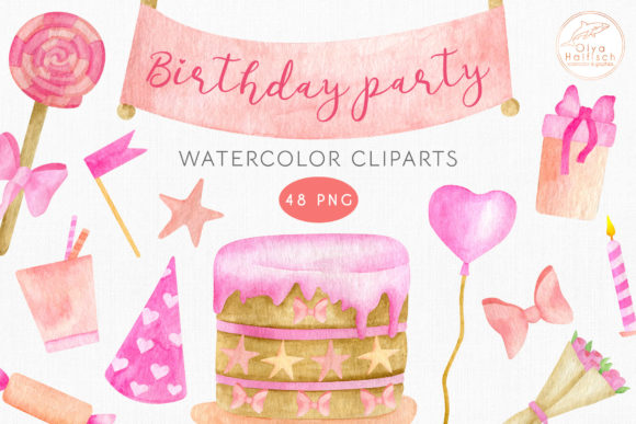 Birthday Party Watercolor Clipart Set and Illustrations