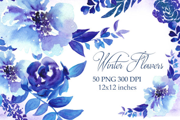 Blue Watercolor Flowers Clipart, Winter Illustrations