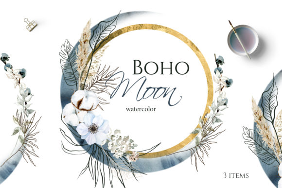 Boho Round Floral Frame with Blue Moon Illustrations