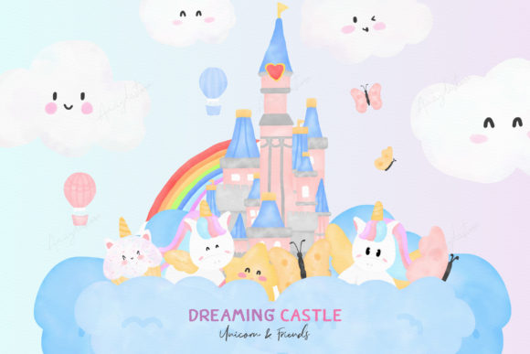 Castle Unicorn Fairy Watercolor Clipart and Illustrations