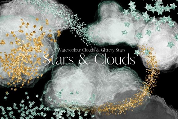 Green Watercolour Clouds and Stars Illustrations