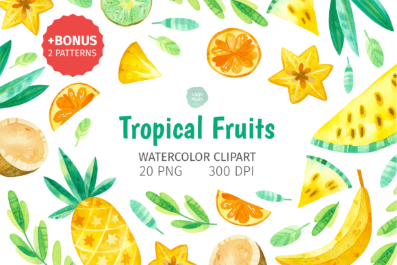 Tropical Fruits, Watercolor Clipart