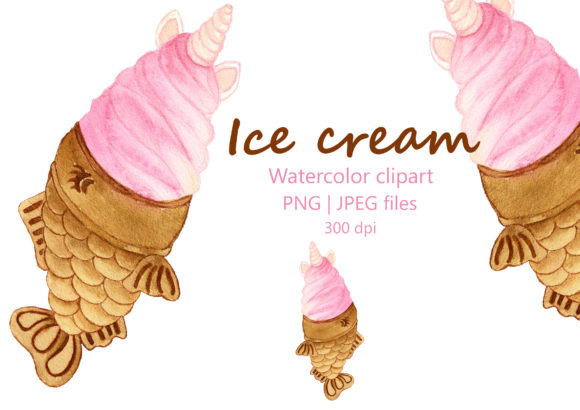 Unicorn Ice Cream Watercolor Clipart and Illustrations