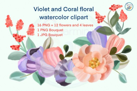 Violet Coral Floral Watercolor Clipart