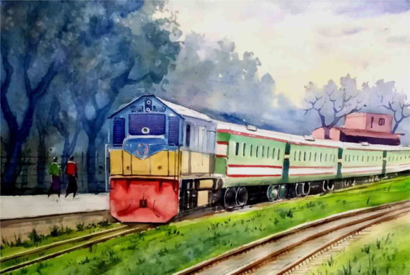 Watercolor Beautiful Train on Station Illustrations