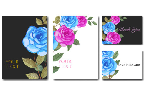 Watercolor Blue Pink Rose Invitation Set Illustrations