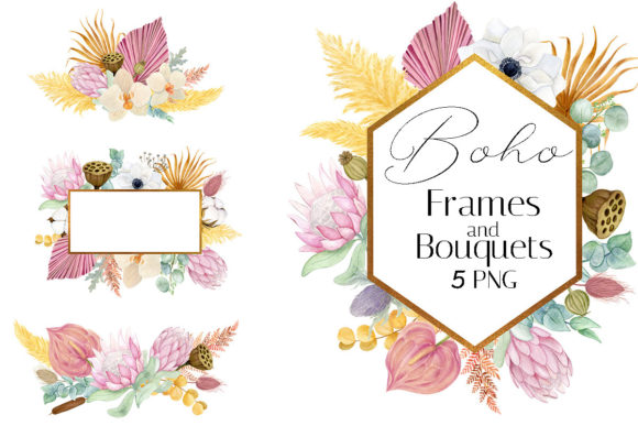 Watercolor Boho Floral Frame and Bouquet Illustrations