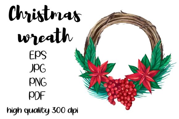 Watercolor Christmas Wreath, Poinsettia Illustrations