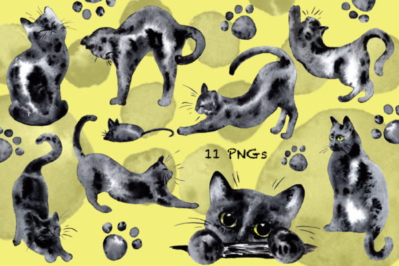 Watercolor Cute Black Cats Clip Art and Illustrations