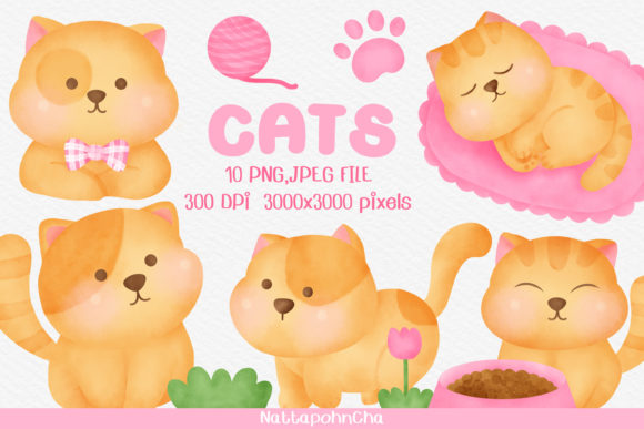 Watercolor Cute Cats Set Png Clipart and Illustrations