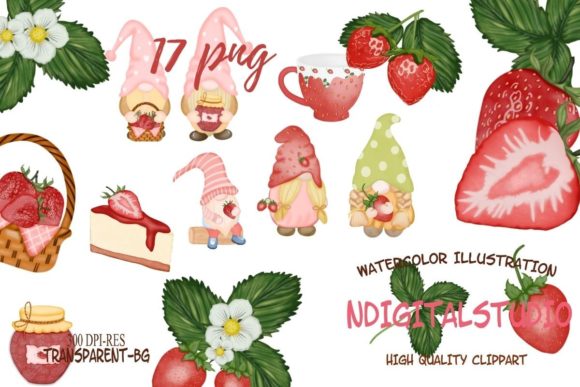 Watercolor Gnomes and Strawberry Clipart Illustrations