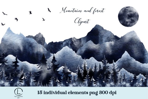 Watercolor Mountains and Forest Clipart Illustrations