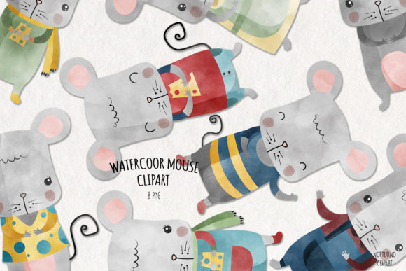 Watercolor Mouse Clipart Set of 8 Illustrations