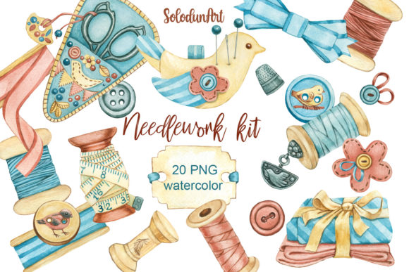 Watercolor Needlework Sewing Clipart and Illustrations