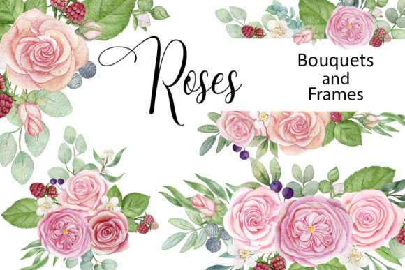 Watercolor Rose Floral Frame and Bouquet