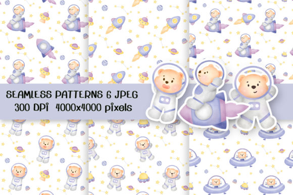 Watercolor Space Bear Seamless Patterns