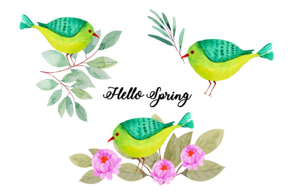 Watercolor Spring Birds Set with Leaves