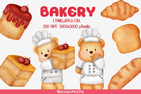 Watercolor Teddy Bear and Bakery Clipart Illustrations