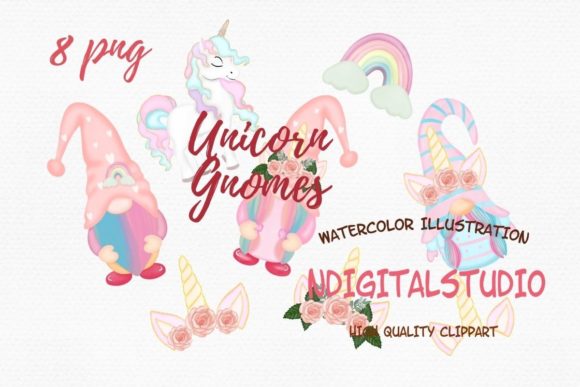 Watercolor Unicorn Gnomes Clipart and Illustrations