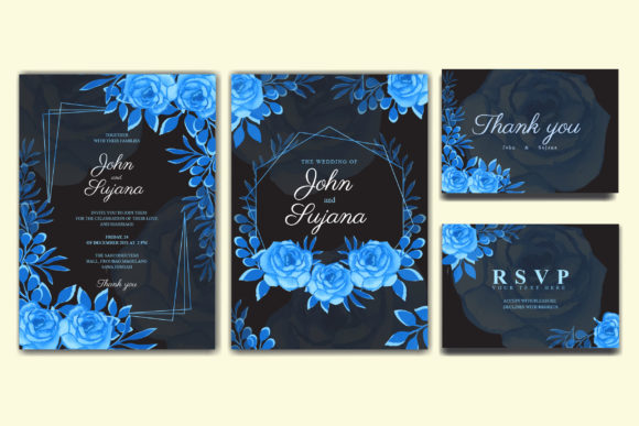 Watercolor Wedding Invitation Cards Set and Illustrations
