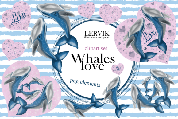 Watercolor Whales Love Clipart. Baby Illustrations