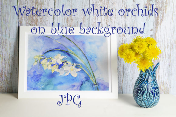 Watercolor White Orchids on Blue Illustrations